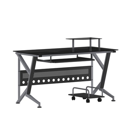 Flash Furniture Computer Desk Glass Top Desk w/Pull-Out Keybrd Tray, Bk, 23-3/4" to 28-1/2" D X 30-1/4" H, Glass NAN-WK-059-GG